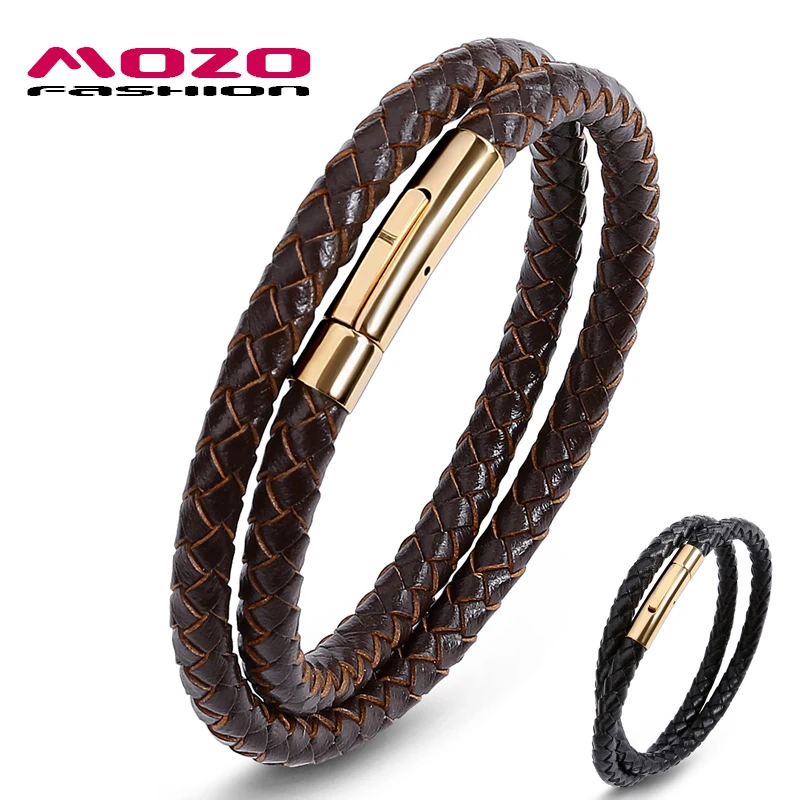 Mozo Fashion Jewelry Для мужчин из натуральной кожи коричневого цвета; Rope Chain, Нержавеющая сталь браслет Femme Винтаж ремешок Браслеты 603