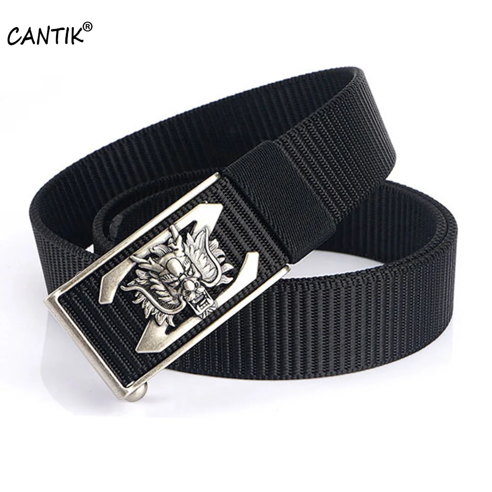 CANTIK High Quality Nylon & Canvas Belt Men Unique Design Dragon Head Pattern Automatic Buckle Jeans Accessories 3.5cm CBCA285 cantik design casual quality nylon strong striped belt plastic automatic buckle belts for men accessories 3 8cm width cbca135