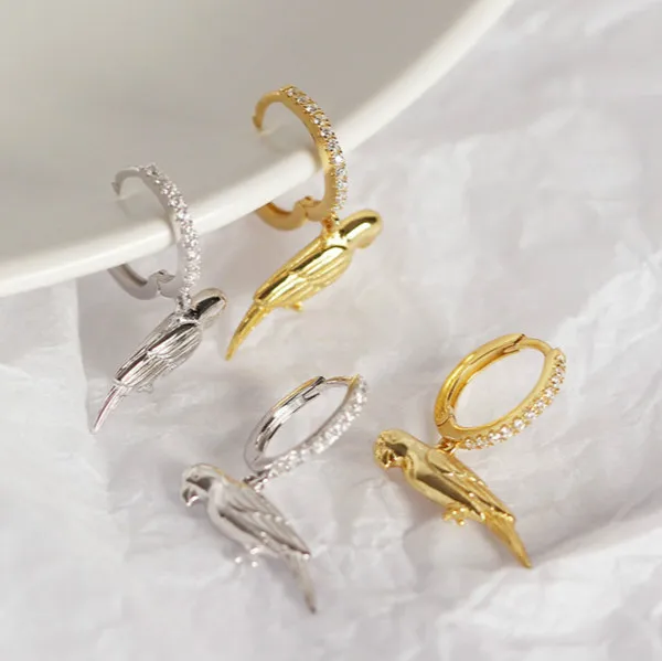 925 пробы серебряные серьги животные серьги в виде попугая Личность Мини инкрустированные красивый циркон подарок подруге дамы ювелирные изделия