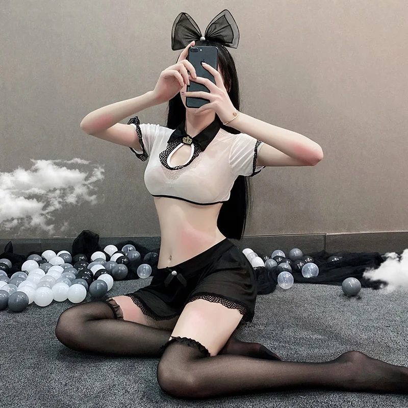 

OJBK Women Sexy Cosplay Costume Black White Top And Skirt Entice Set Erotic Office Uniform Suit Hot Perspective Role Play Outfit