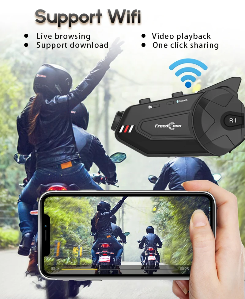Freedconn WiFi видеорегистратор для мотоцикла 1080P Full HD Водонепроницаемая камера