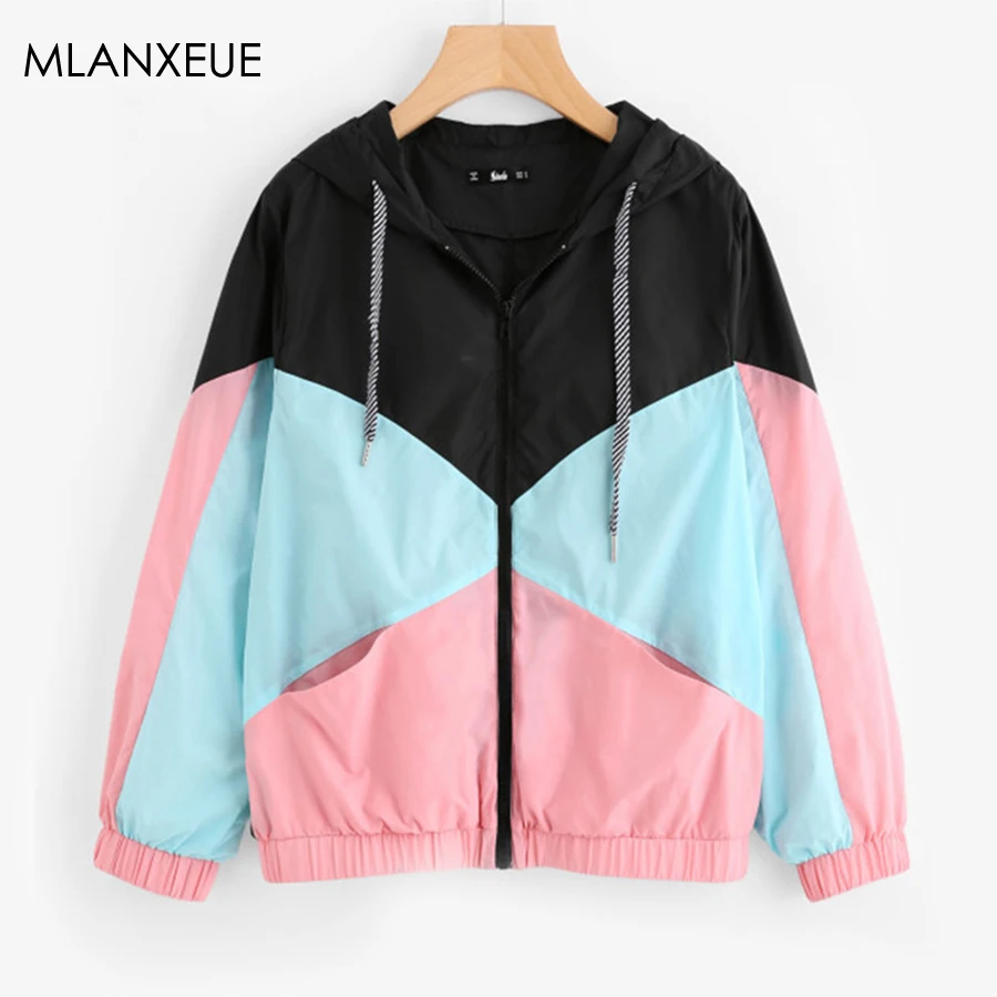 

Patchwork Zipper Hoodies Jackets Women Casual Loose Coat Lady Streetwear Outerwear Thin Coats Sun Protection Coats Autumn Winter