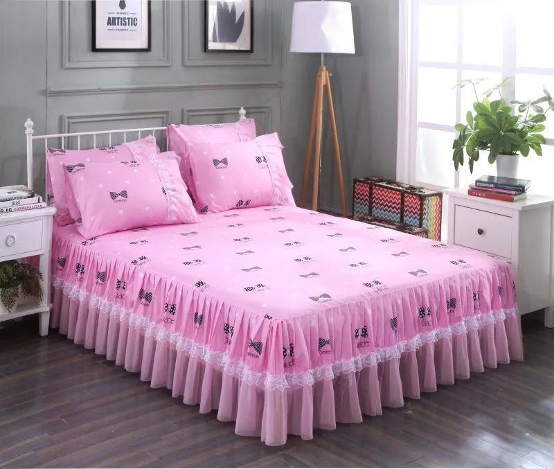 1pc Bed Skirt+2pcs Pillowcases Bedding Set Romantic Lace Bed Skirt Set Ruffle Soft Fitted Bed Sheet Queen King Size Bed Skirt