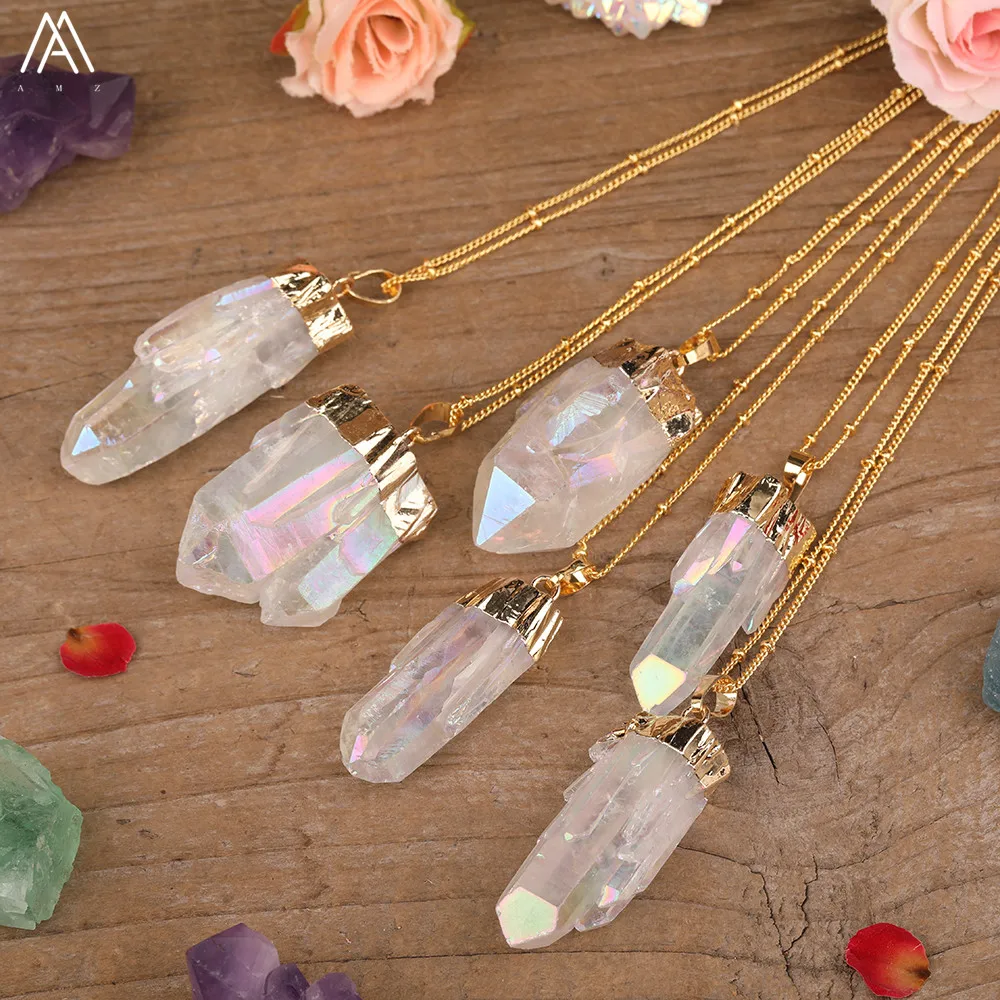 Titanium AB Natural White Quartz Irregular Point Pendant Gold Chains Necklace For Women Quartz Crystal Beads Adjustable Necklace