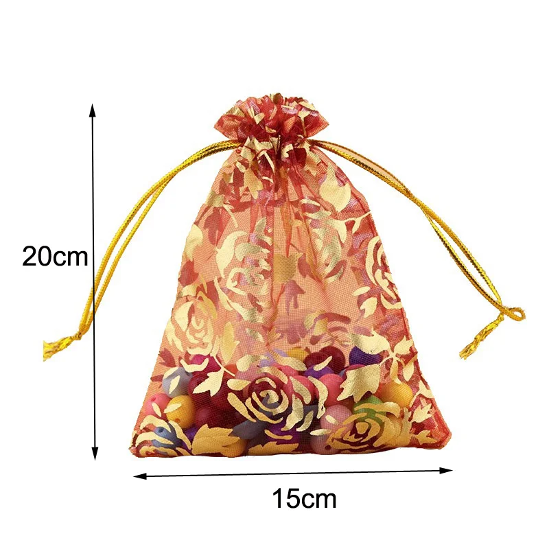 100 Pcs/lot 15x20, 17x23, 20x30 cm Rose Flower Leaf Big Organza Bag Drawstring Pouches For Wedding Party Gift Packing Bags