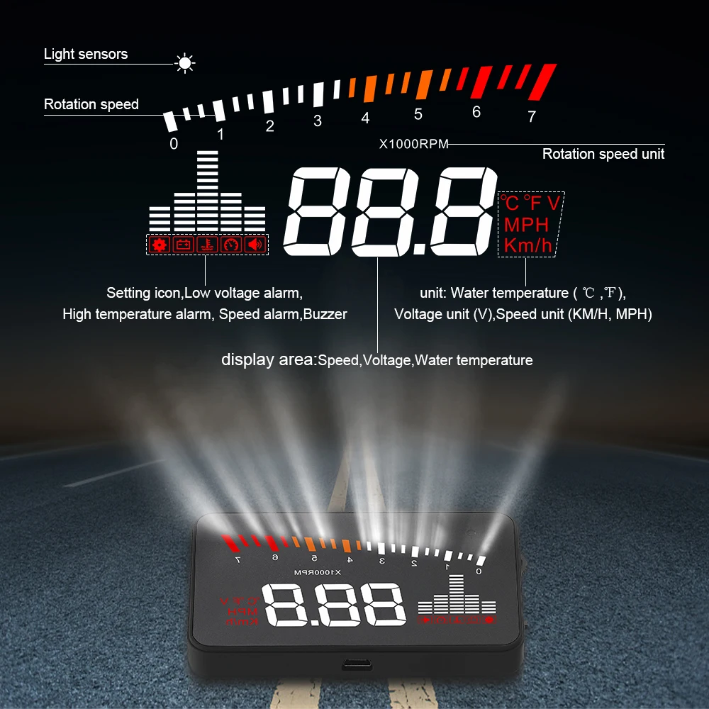 HUD OBD компьютерный автомобильный проектор скорости цифровой измеритель скорости Дисплей Расход топлива Датчик температуры диагностический инструмент сигнализация