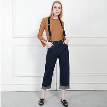 Осень-зима, женские джинсовые штаны с ремнями, высокая талия, свободные, удобные, хлопок, женские джинсы