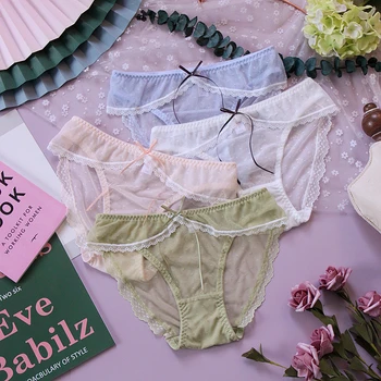

Japanese Bow Wave point Lace Trim Panties Sexy Young Girl Women's Underwear Low Waist Cotton Crotch Perspective Briefs