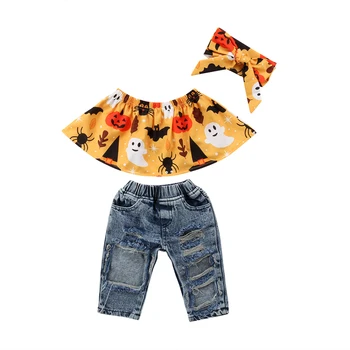 

Halloween Fashion Toddler Baby Girls Clothes Sets 3PCS Off Shoulder Cartoon Print Vest Tops+Denim Pants+Headband Outfit 6M-4Y