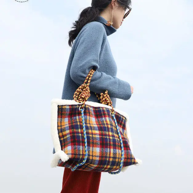 Pattern Plaid Handbags Fall Women's Plaid Wool Bag Shoulder Bags
