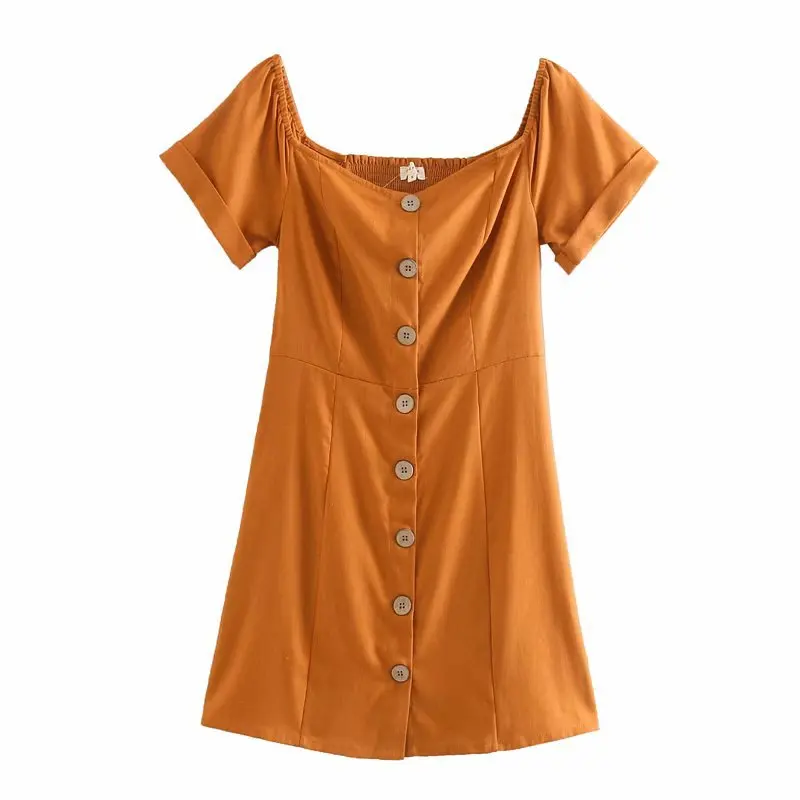 

2020 Spring WOMEN'S Dress New Products Solid Color Slimming Short Sleeve Square Collar Back Elastic Dress Front Buckle Short Ski