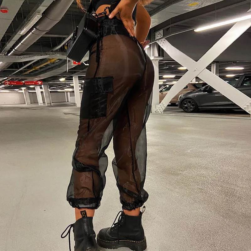 Pantaloni a rete Sexy da donna vedi attraverso pantaloni High Street pantaloni  Cargo estivi da donna tasca da donna allentata trasparente nero bianco  nuovo - AliExpress Women's Clothing