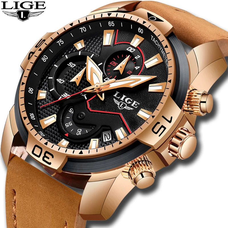 

LIGE Top Luxury Brand Mens Watches Casual Fashion Sport Leather Waterproof Watch Men Chronograph Male Clock Relogio Masculino