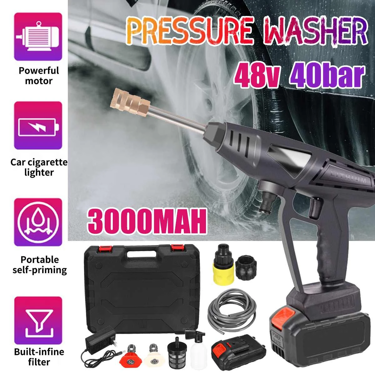 48V 40BAR Portable High Pressure Washer Gun Wireless Car Washer High Pressure Car Wash 500W Washer Foam Water Gun EU US Plug Car Washer