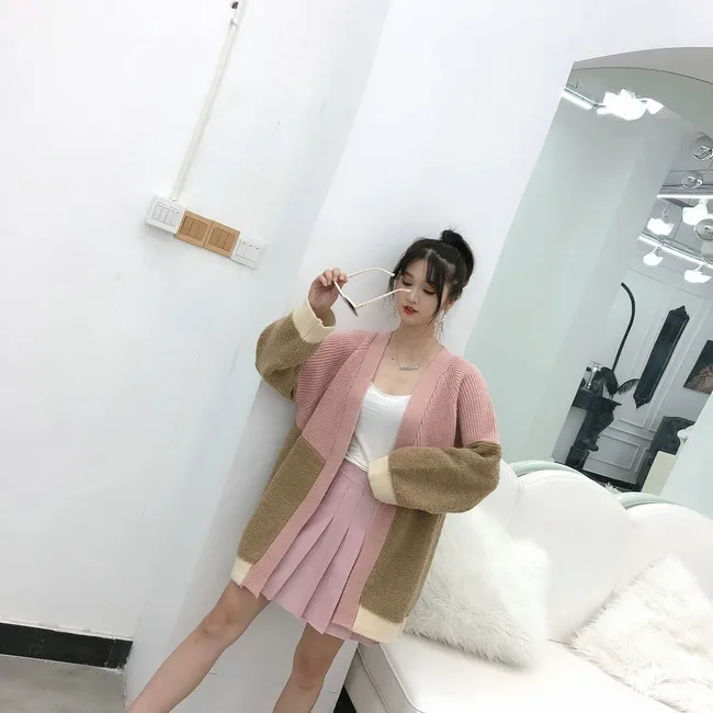 Neploe Pull Jumpers Осень Зима Женский вязаный кардиган контрастный цвет свитер пальто v-образный вырез негабаритная трикотажная куртка 54702
