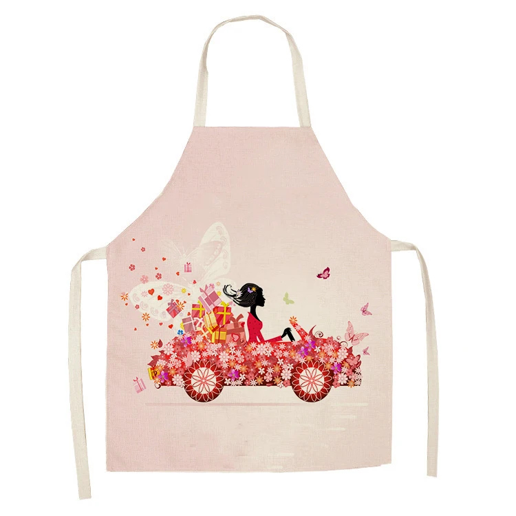 1Pcs Flower Butterfly Girl Printed Kitchen Aprons for Women Home Cooking Baking Waist Bib Cotton Linen Pinafore 55*68cm