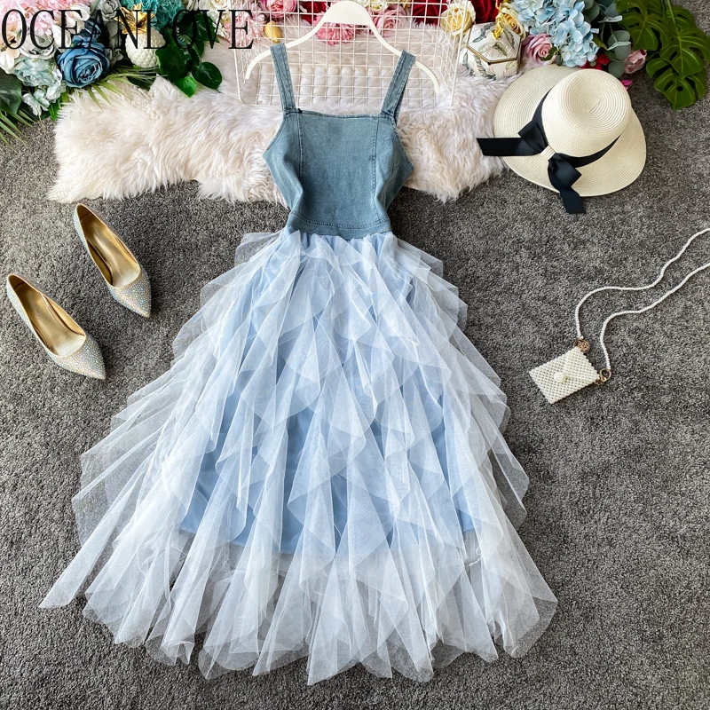 OCEANLOVE Sweet Denim Ruffles Princess Vestidos Spring Kawaii Korean Women Dress Ins 2020 Fashion Mesh Patchwork 14216 | Женская одежда