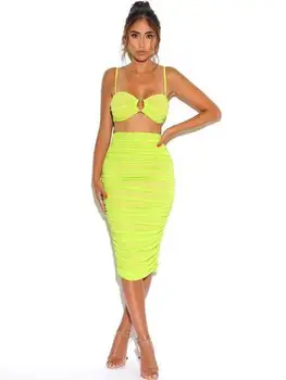 

Stylish 2 Piece Set Women Yellow Fashion Spaghetti Strap Skirt Suit Elegant Attractive Female Suit