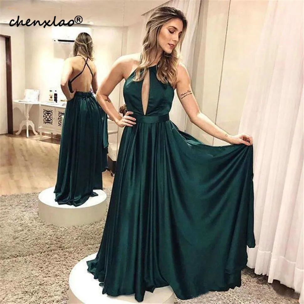 

Elegant Dark Green Backless Evening Dresses Long Customized 2020 Roland silk Beack Women Formal Dress Floor Length Evening Gowns