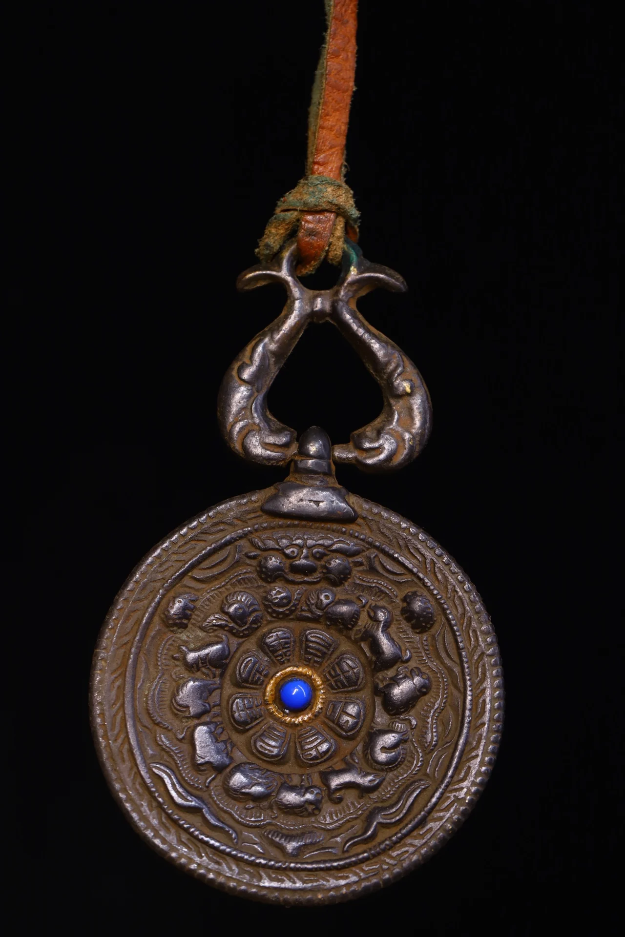 

4"Tibetan Temple Collection Old Bronze mosaic gem Jiugong Bagua Amulet Zodiac Pendant amulet Exorcism