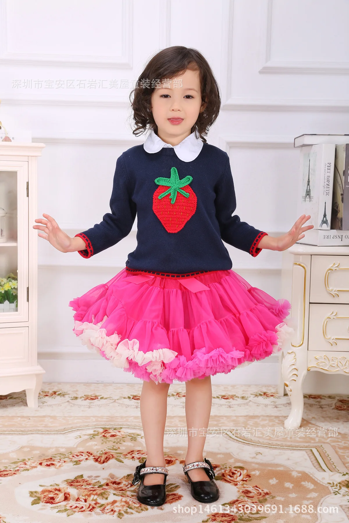 

Autumn And Winter Girls New Style Sweater Baby Girls Dark Blue Cute cao mei kuan Knitted Sweater