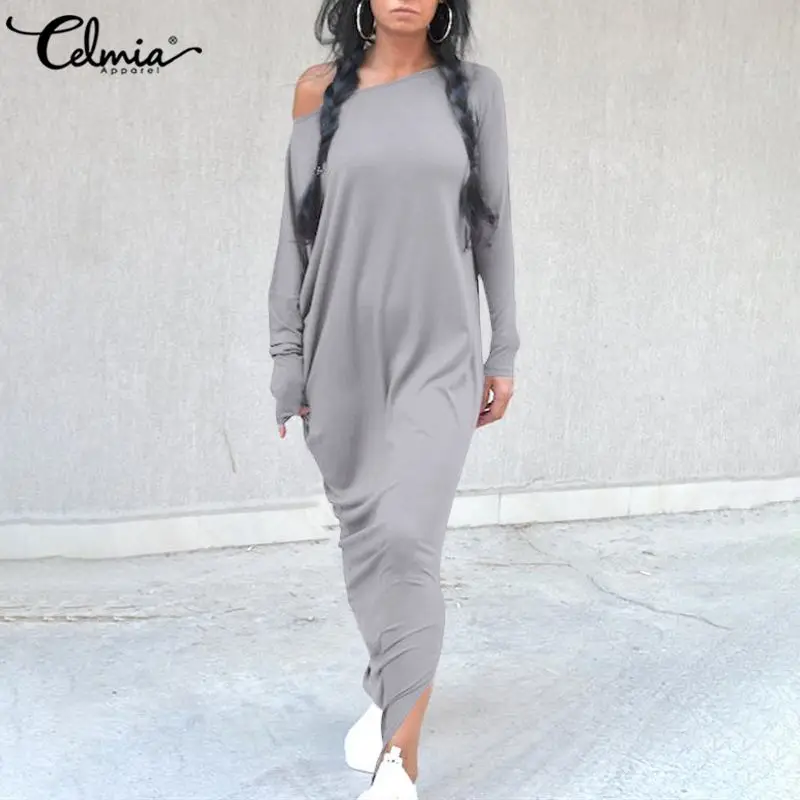 Fashion 5XL Women Maxi Dress Celmia Sexy Off Shoulder Long Dress Autumn Solid Long Sleeve Casual Split Hem Robe Plus Size Dress Fashion 5XL Women Maxi Dress Celmia Sexy Off Shoulder Long Dress Autumn Solid Long Sleeve Casual Split Hem Robe Plus Size Dress