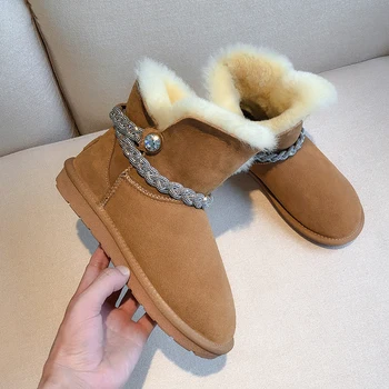 

Winter boots women shoes genuine leather and fur ankle boots plus size 22-26.5 cm Cow suede +wool Rhinestone snow boots warm