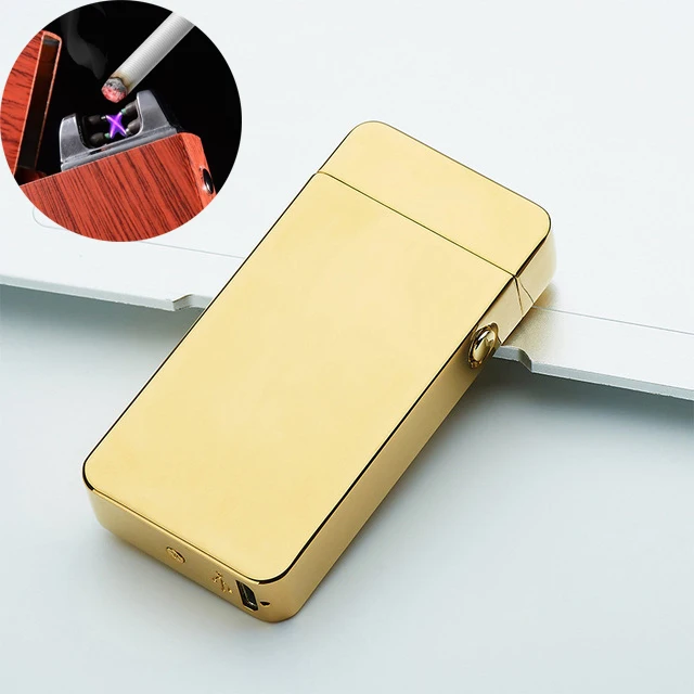 Gold Двойные электронные дуги прикуривателя USB металла Перезаряжаемые Ветрозащитный Непламено Электрический зажигалки плазмы с Дисплей свет зажигалка зажигалка usb - Цвет: Gold