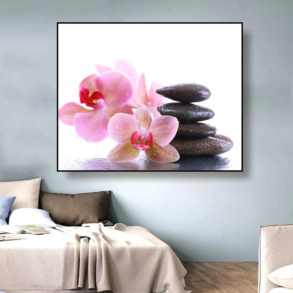 Canvas Painting Flowers and stacked stones Nordic Art Poster Picture Wall Decor Modern Home Decoration For Living room Office