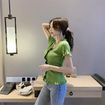 

COIGARSAM Sexy Short Sleeve Shirt Womens tops New Summer Vintage V-Neck Women shirts Red Green Black 3217