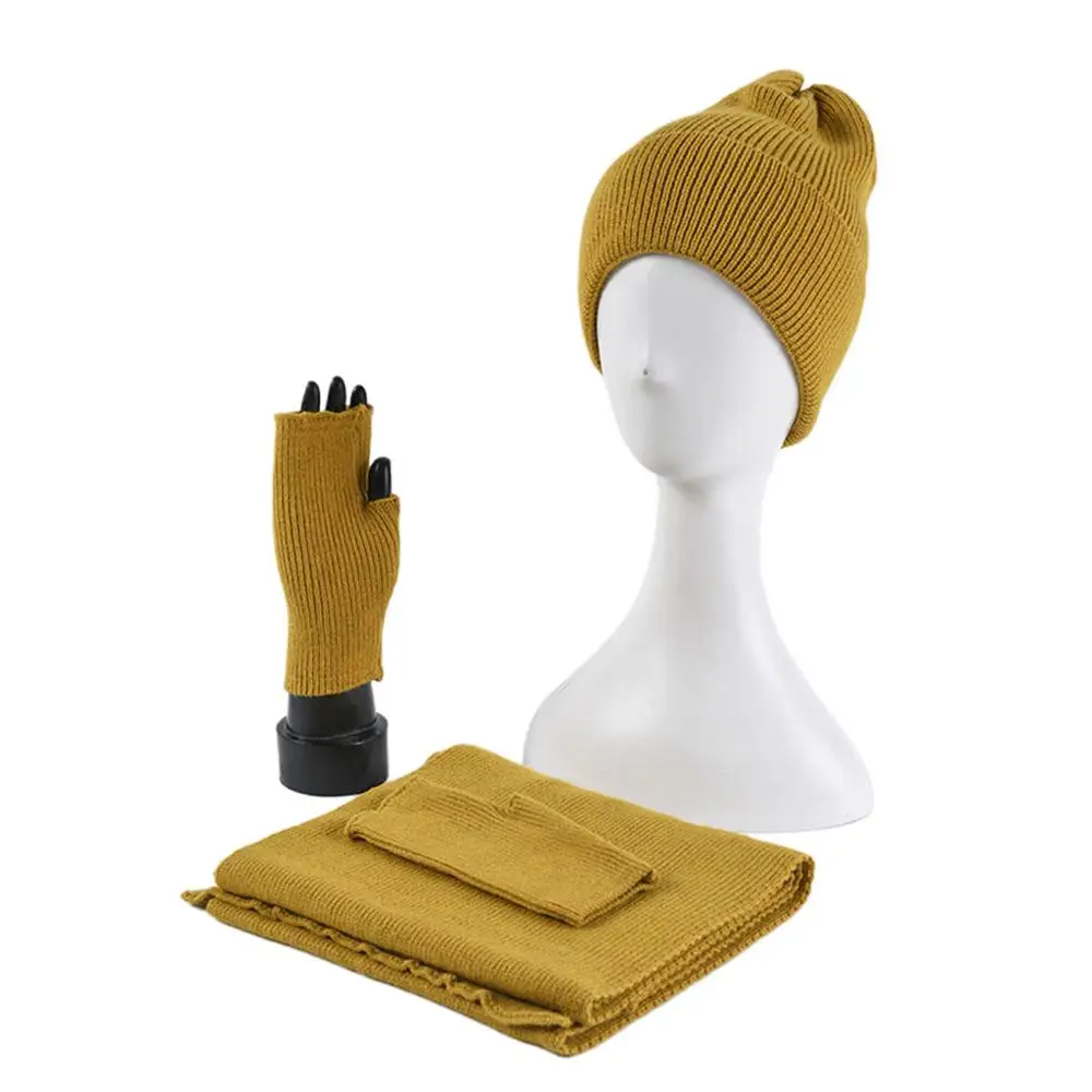 Для женщин и мужчин зимняя шапка бини длинный шарф половина пальцев перчатки 3 шт. сплошной цвет K 35EF - Цвет: Y