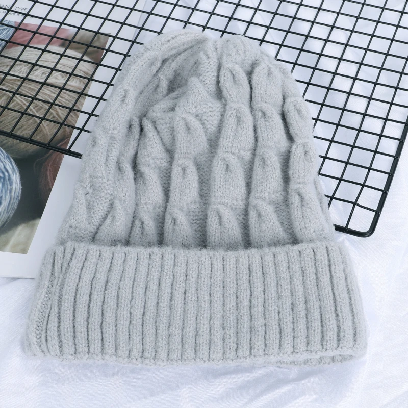 New women's twist knit hat winter warm wool hat ladies peas hedging cap Innocent cap thick warm cotton hat ladies ski mask - Цвет: LIGHT-GRAY