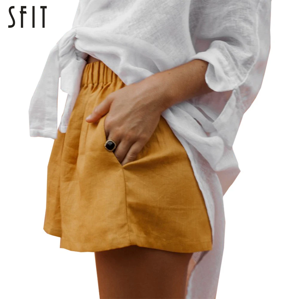 SFIT летние новые женские хлопковые льняные шорты однотонные Свободные повседневные шорты с эластичной талией желтые мягкие шорты с высокой талией для женщин