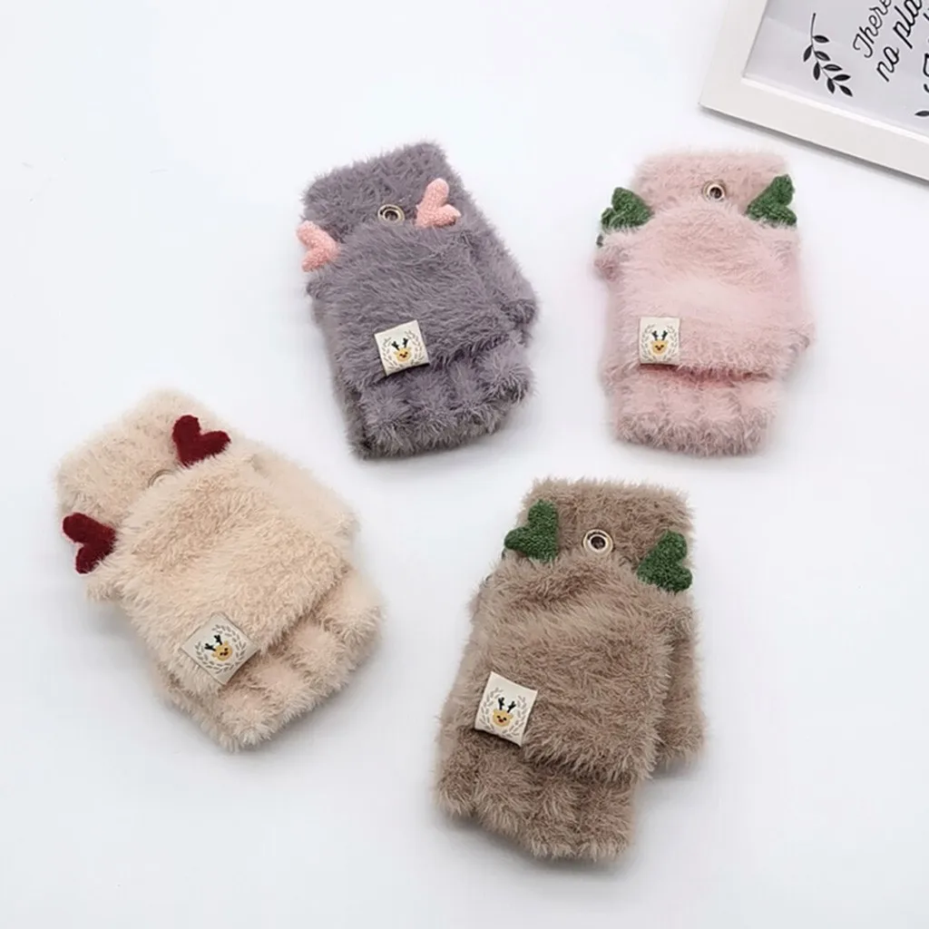 Детские перчатки без пальцев, Рождественские рога, откидной верх, полуперчатки без пальцев, вязаные шерстяные перчатки с мультяшным рисунком