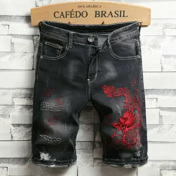 

New Men's Denim Shorts Drago Embroidered Print Five Points Jeans Straight Pants