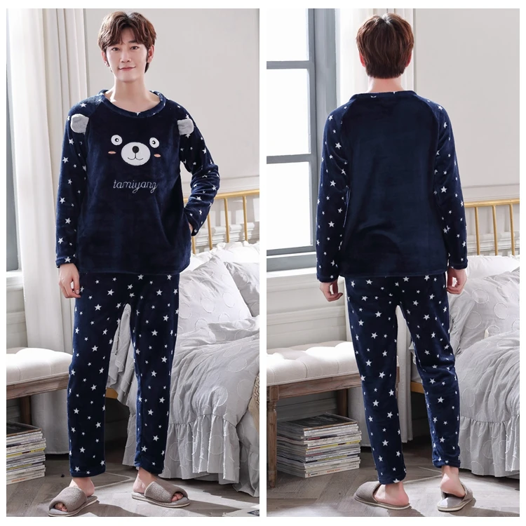 2021 Winter Long Sleeve Thick Warm Flannel Pajama Sets for Men Cute Cartoon Coral Velvet Sleepwear Pyjamas Homewear Home Clothes cheap pajama pants