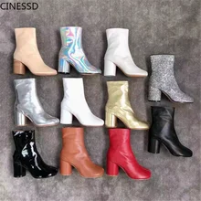 Split Teen Echte Koe Lederen Enkellaars Vrouwen Ronde Chunky Hoge Hakken Korte Laarzen Schoenen Ninja Tabi Laarzen