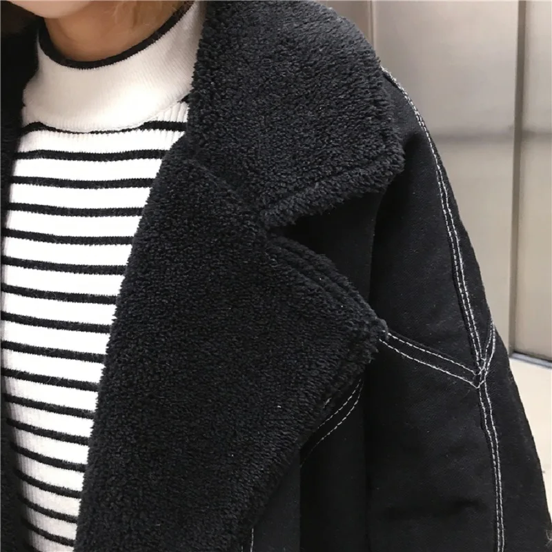 Korea new loose plus velvet thickening lamb fur coat female winter ins Harajuku vintage BF denim casual fashion women jacket