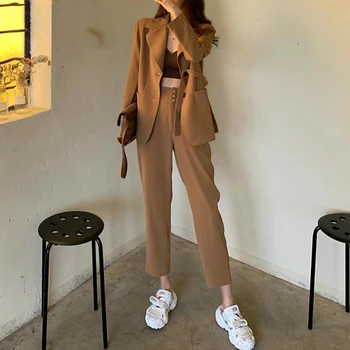 

Khaki Women Pant Suits Casual Female 2 Pieces Set Single-Breasted Blazer Jacket & High Waist Trousers Korean Street Fashion