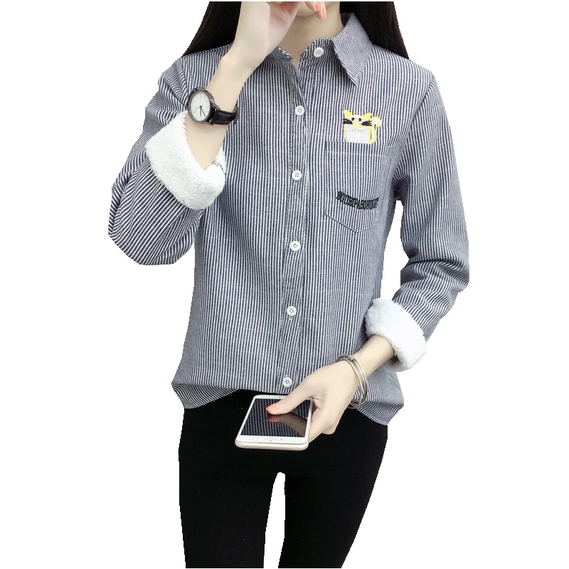 

Autumn winter women Striped Embroidery cat flannel Warm thickening full-sleeve female blouse casual tops shirts