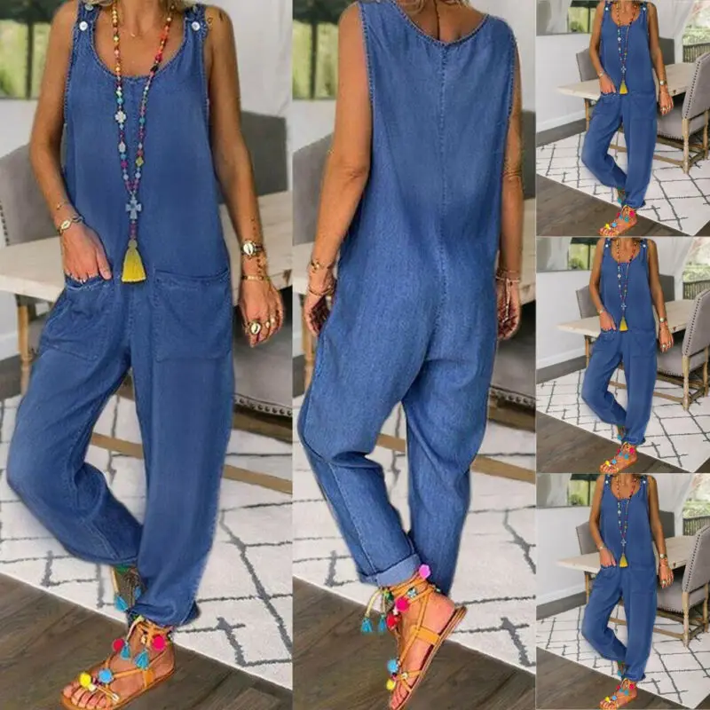 

2019 Brand New Style Women Summer Casual Sleeveless Solid Jumpsuit Loose Wide Leg Long Pants Suit Playsuit Hot Sale