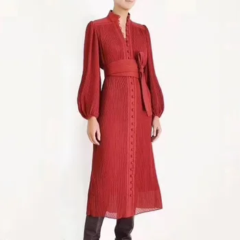 

New style Celebrity Slim button waist panel fold strap long dress woman