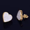 14MM Width Heart-shaped Gold Color Stud Earring For Men Women Full Cubic Zircon Screw Back Earrings Fashion Hip Hop Jewelry Gift 2