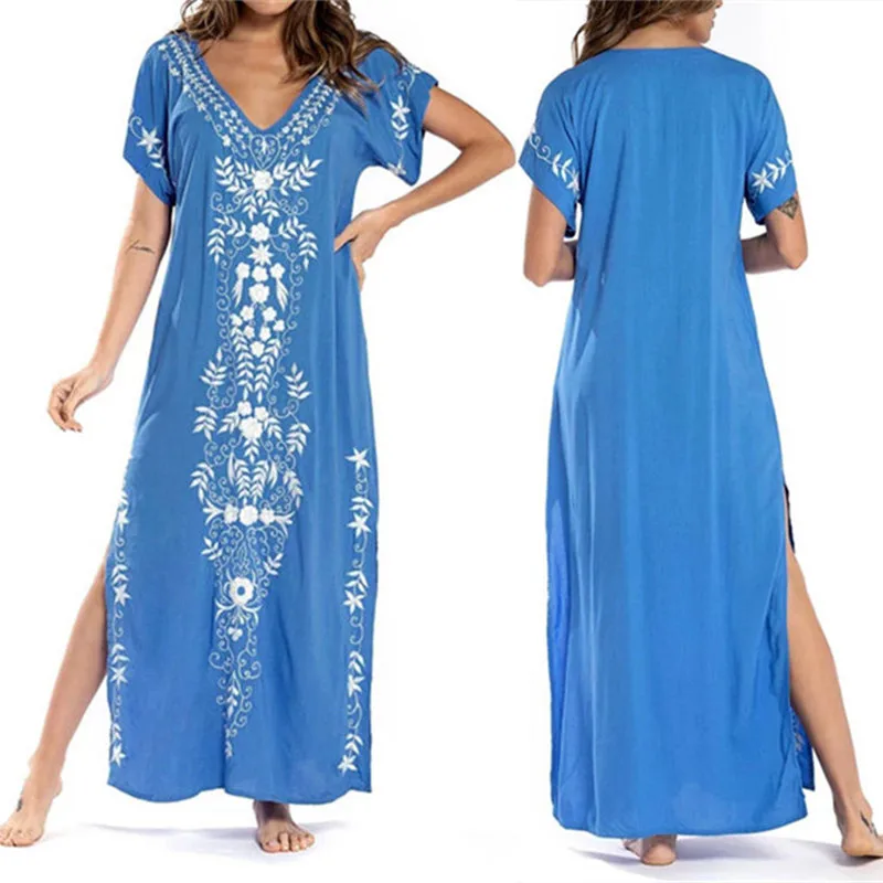 Бохо темно-синее Цветочная вышивка с бахромой боковое Летнее Длинное платье размера плюс женская одежда размера плюс винтажное Макси платье N603 - Цвет: N790-Blue