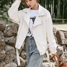 2021 New Spring Women Pu Leather Motorcycle Jacket Female with Belt Solid Color Jackets Ladys Loose Casual Jacket