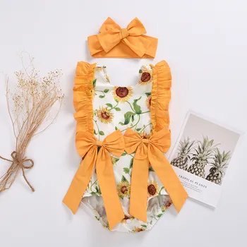 

Summer New Fashion Newborn Kids Baby Girls Summer Outfits Clothes Daily Bodysuit Sunflower Bodysuits Headband Baby Bodysuits 2Y