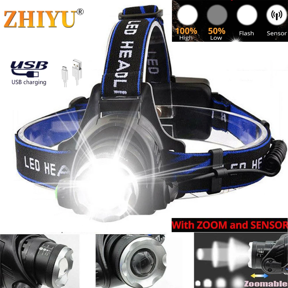

Powerful LED Headlamp Fishing Headlight T6/L2 4Mode Zoomable Waterproof Head Lamp with IR Sensor for Camping Use 18650 Battery