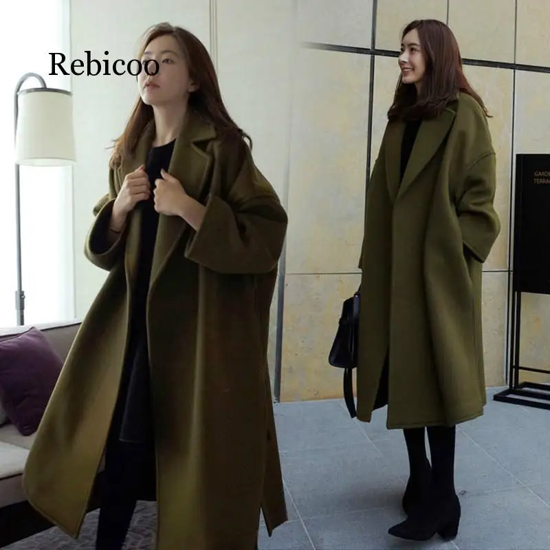 

2019 Autumn Winter New Women Long Woolen Coat Army Green Woolen Coat Female Long Section Korean Version Fashion Coat