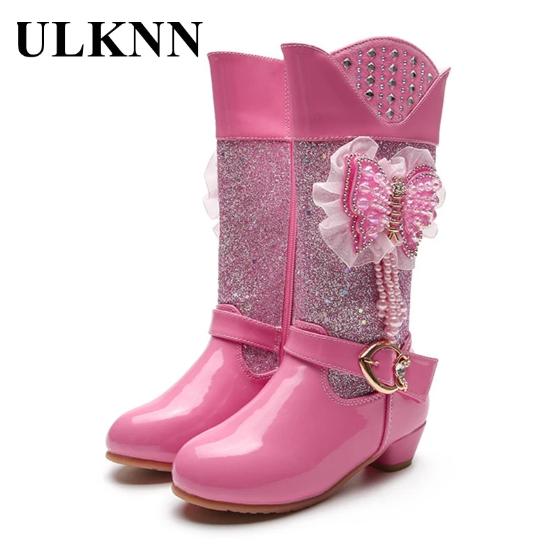 

ULKNN 2020 Leather Boots For Girls Children's High Heels Cute Bow Pink Princess Shoes 4-16 Years Old Students Casual Round Toe