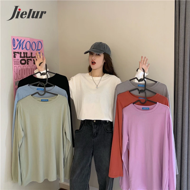 Jielur T Shirt Women Solid Color Long Sleeve New Autumn Tee O-neck Femme Tops Hipster Winter Loose Tshirt Basic T-shirt | Женская одежда